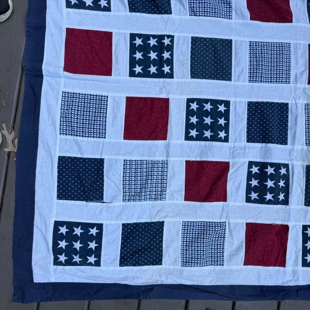 1. Handmade Patriotic Patchwork Quilt Top 70.5x54 Red White Blue Stars Americana